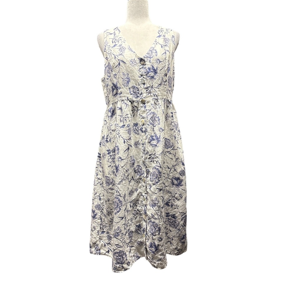 Cynthia Rowley 100% Linen Blue Floral Button Front Midi Dress Women's Size 8